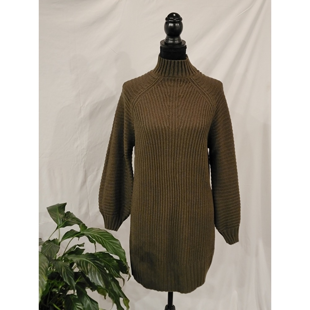 Lillusory Womens Ribbed Mock Neck Lantern Sleeve Sweater Dress Olive Green